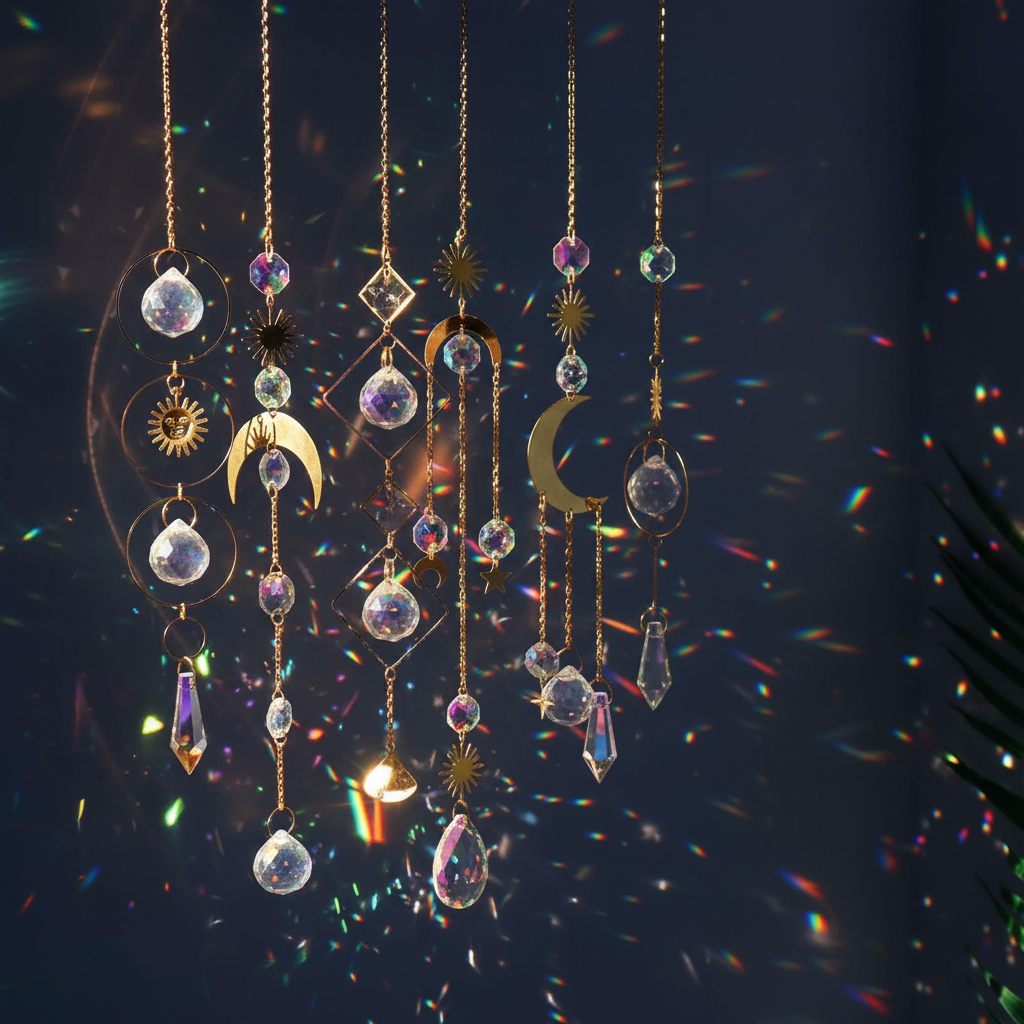 Multiple gold celestial crystal suncatchers with moon and star charms casting rainbow light against a dark background
