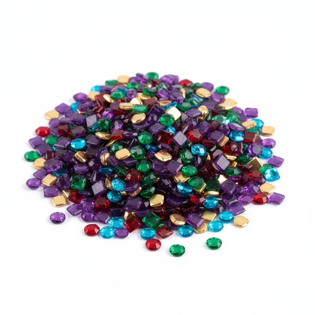 A pile of mixed round and square diamond painting drills in assorted colors