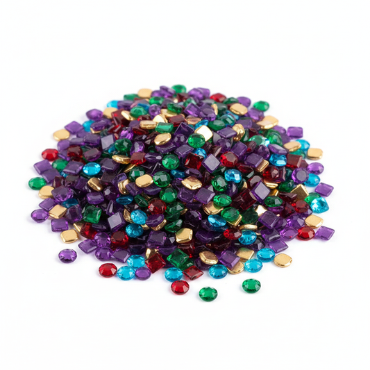 A pile of mixed round and square diamond painting drills in assorted colors